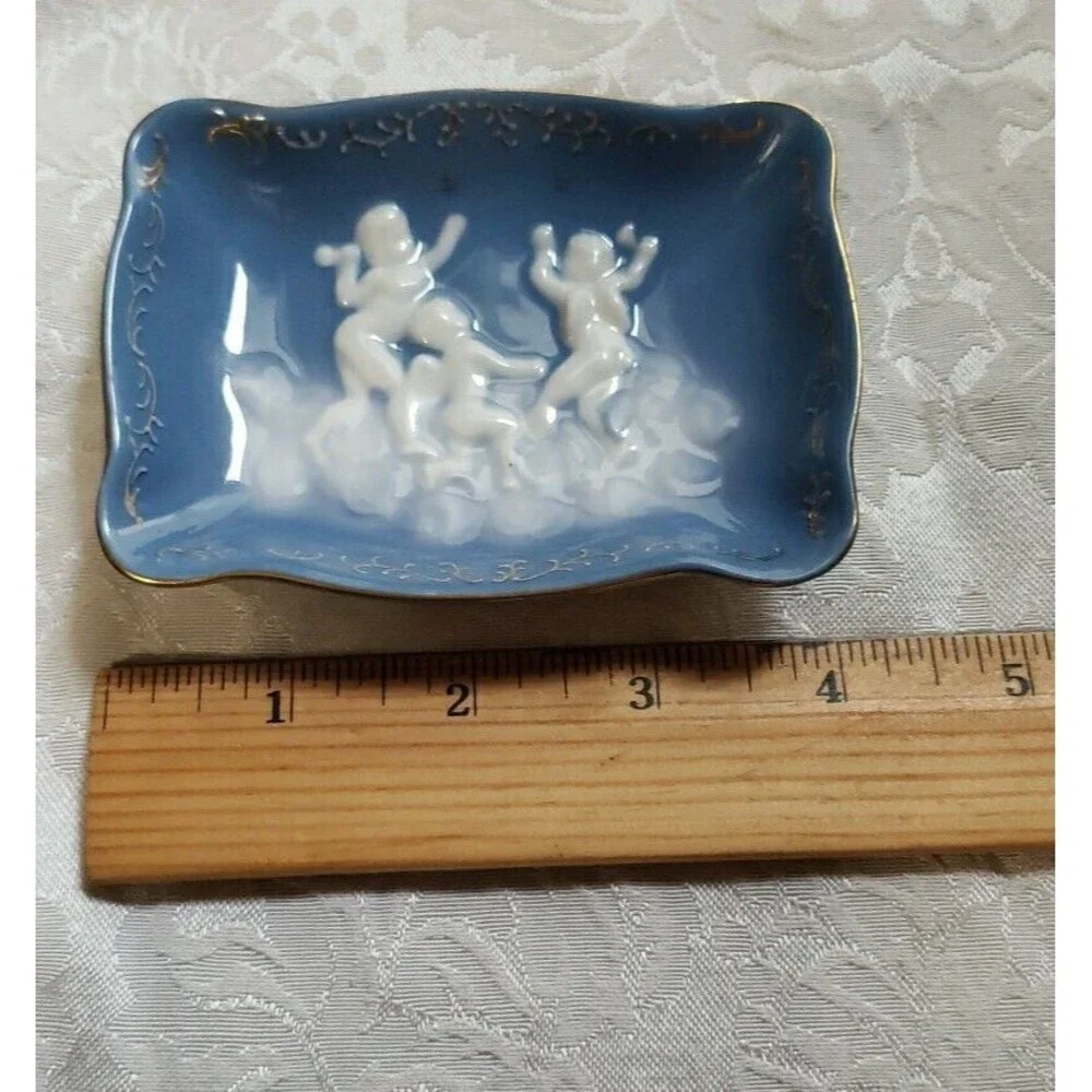 Ardalt Trinket Dish Blue White Cherubs Clouds Angels Gold Trim Japan Vintage